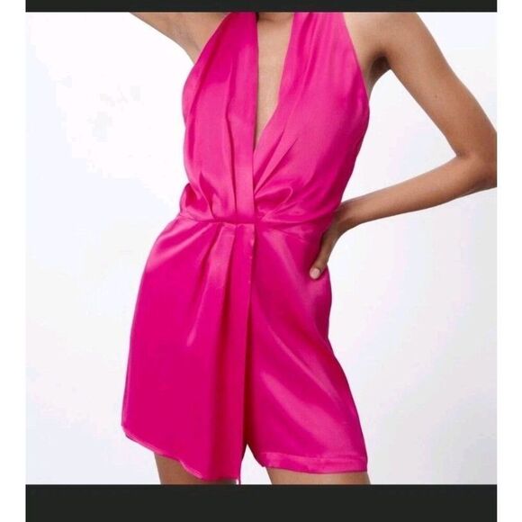 Zara Satin Playsuit Romper Open Back Halter Neck Hot Pink V-Neck Sleeveless S - Picture 1 of 6